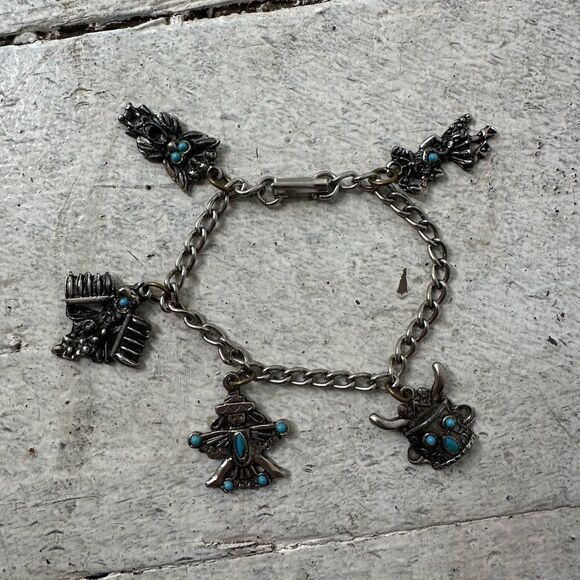 Vintage Native American Style Charm Bracelet With Faux Turquoise - Picture 1 of 5